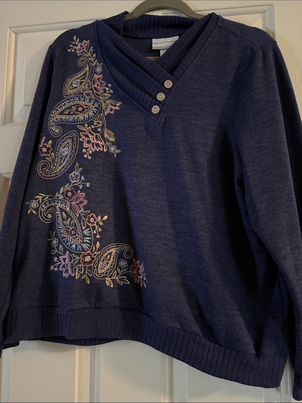 Alfred Dunner Navy V-Neck Sweater with Multicolor Paisley Embroidery